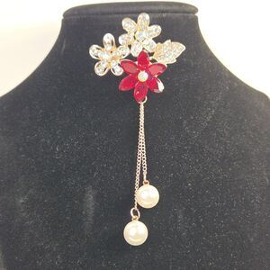 Floral Brooch Red and Clear Rhinestones Tassel Pearls